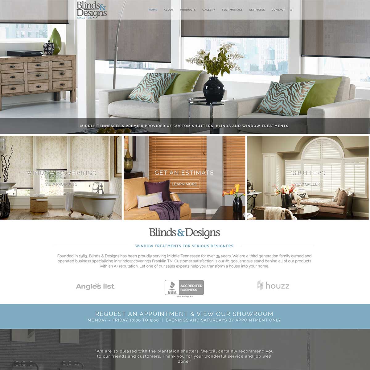 blinds designs website after nashville web designers worked together to recreate it to include the best digital marketing and seo support neat brentwood and franklin tn