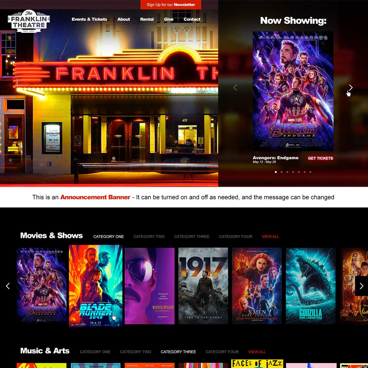 franklin theatre website after jlb web designers worked together to recreate it in franklin